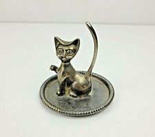 Vintage Silver Plate Metal Cat Jewelry Ring Holder on Tray Trinket Dish