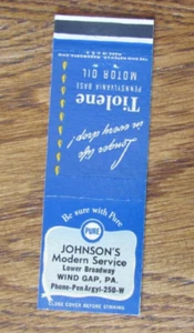 CUBIERTA DE LIBRO DE CERILLAS DE GASOLINERA DE PETRÓLEO PURO: JOHNSON'S WIND GAP, PA MATCHCOVER -C19 - Imagen 1 de 2
