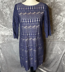 Jessica Howard Illusion Sleeve Dress 8P Petite Crochet Lace Shift Navy - Picture 1 of 14