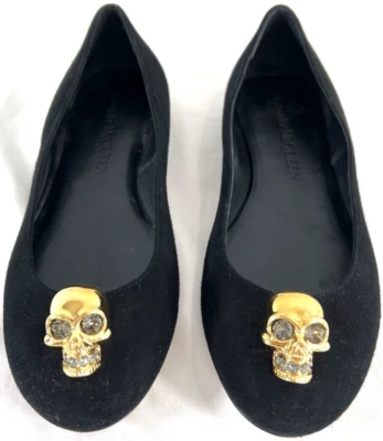 $540 ALEXANDER MCQUEEN Black Suede Gold Skull Ballet Flats Made in Italy 37-7US - Image 1 of 4