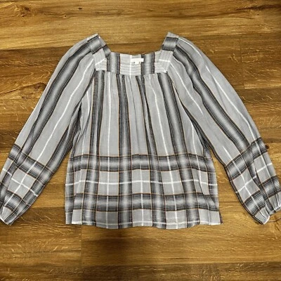 LC Lauren Conrad Women's Plaid Long Sleeve Square Neck Striped Blouse Size Large - Imagem 1 de 4