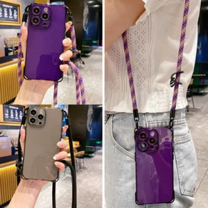 For iPhone 16 15 Pro Max 14 13 12 Crossbody Lanyard Clear Soft Phone Case Cover - Picture 1 of 17