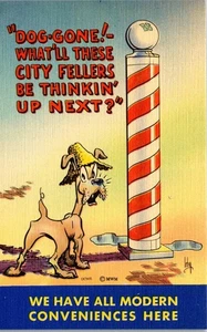 Vintage Comic Humor Postkarte Modern Convenience ~ Hund am Friseur Pole  - Bild 1 von 3