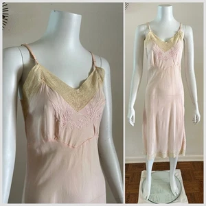 1940s Pink Satin Lace Slip Dress Embroidered Floral Rayon Spaghetti Strap VTG - Picture 1 of 24