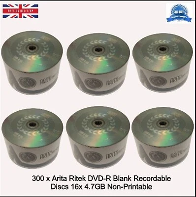 300 x Arita Ritek DVD-R 8x Blank 4.7GB Non-Printable Recordable Logo Blank Disc - Image 1 of 4