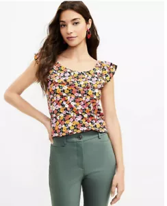 LOFT NWT Petite Floral Ruffle Tank Top - Striking Mandarin - Size Medium Petite - Picture 1 of 3