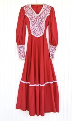 Maxi Vestido Vintage Años 70 Rojo Pradera Blanco Encaje Mangas Abullonadas Estilo Gunne Talla M Foto 1 de 4