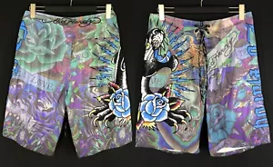 Men's Ed Hardy Christian Audigier Swim Trunks Tattoo Printed Shorts Size 34 - Picture 1 of 18