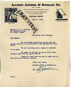 1933 THOMAS J. ALLISON VORZELT & AUFBEWAHRUNG Dallas Texas Camping ZELTE Briefkopf - Bild 1 von 1