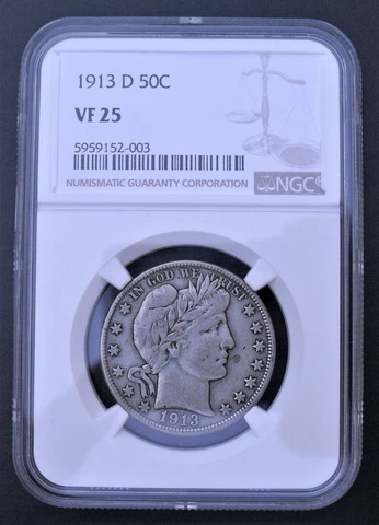 1913 D 50 Cents , NGC  VF 25 , nice silver coin      # 1362 Cover