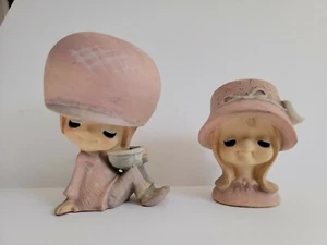 2 Vintage Japan Big Eyes BIG Head Ceramic Figurines Strawberry Shortcake Girls - Picture 1 of 12