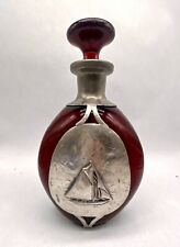 Vintage Decanter Pinched Glass Ruby Red Pewter Red Sail Boat Whiskey