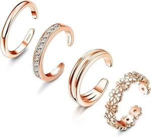 4 Style Rose Gold 925 Sterling Silver Toe Rings Open Adjustable Accessories Set - Picture 1 of 3