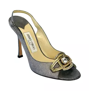 JIMMY CHOO Grey Snake Glitter Karung Crystal Flint Singback Heels 38.5 8.5 Shoes - Picture 1 of 11