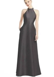 ALFRED SUNG Vestido Halter Gris Caviar Satén Sarga Bolsillos Talla 2 Nuevo con Etiquetas $220 - Imagen 1 de 6