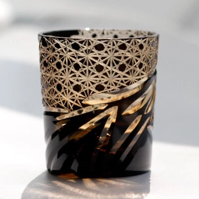 Black Crystal Glass Whisky Glass Tumbler Edo Kiriko Drinkware Hand Cut Clear 9oz - Image 1 of 4