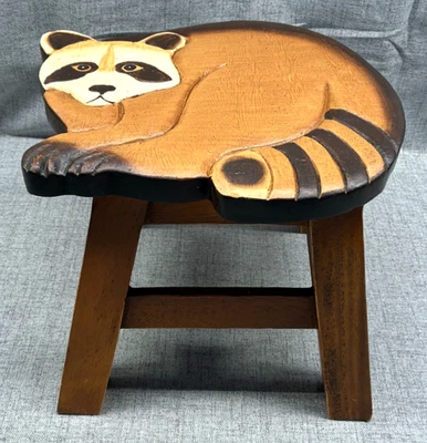 Raccoon Step Stool Footstool Hand Carved Hardwood 11 Inch Decorative Animal - Image 1 of 4