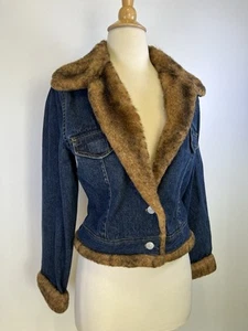Vintage Y2K No Boundaries Denim Jacket Junior Medium Brown Faux Fur Mob Bratz - Picture 1 of 9