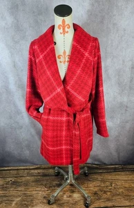 CAbi EVITA Women L Red Check Jacket Coat Shawl Belted Pockets M #4295 Mid Length - Picture 1 of 12