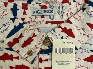 NWT Duluth Untucked BBQ Sz Large-Tall Red White Blue Fish Short Sleeve Cotton - Picture 1 of 8