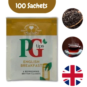 PG Tips English Breakfast Tea Sachets | Enveloped Black Tea Bags - Pack of 100 - Picture 1 of 1