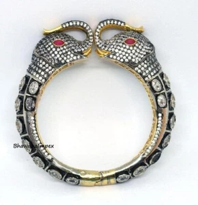 Natural Diamond & Polki Elephant Wedding Bangles Jewelry Sterling Silver Jewelry - Picture 1 of 1