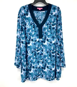 Woman Within Top Womens Plus Size 2X Blue Printed VNeck Button 3/4 Sleeve - Picture 1 of 10