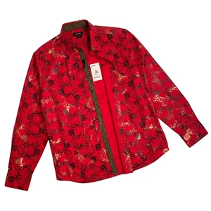 MAENZA Slim Fit Button Up Long Sleeve Shirt Floral Red Black Gold, Men's M, $150 - Picture 1 of 10