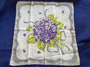 Violets 14" white cotton rolled edge  Handky handkerchief vintage 1930's - Picture 1 of 3
