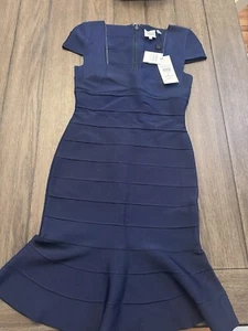 Herve Leger Dress V Neck Short Sleeve Flared Bandage Formal Party Holiday Blue S - Picture 1 of 4