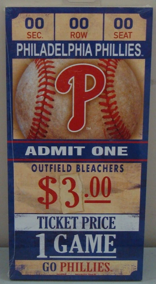 PHILADELPHIA PHILLIES GAME TICKET ADMIT ONE GO PHILLIES WOOD SIGN 6"X12'' NEW - Image 1 of 1