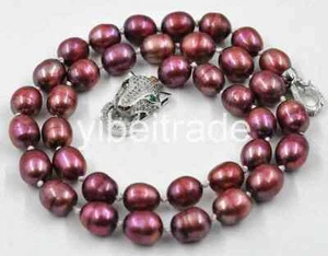 REAL 9-11mm freshwater Cultured red Pearl Necklace 17"leopard Clasp - Picture 1 of 4