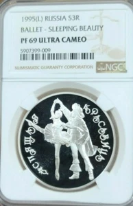 1995 RUSSIA SILVER 3 ROUBLES SLEEPING BEAUTY NGC PF 69 ULTRA CAMEO TOP POP !!! - Picture 1 of 4