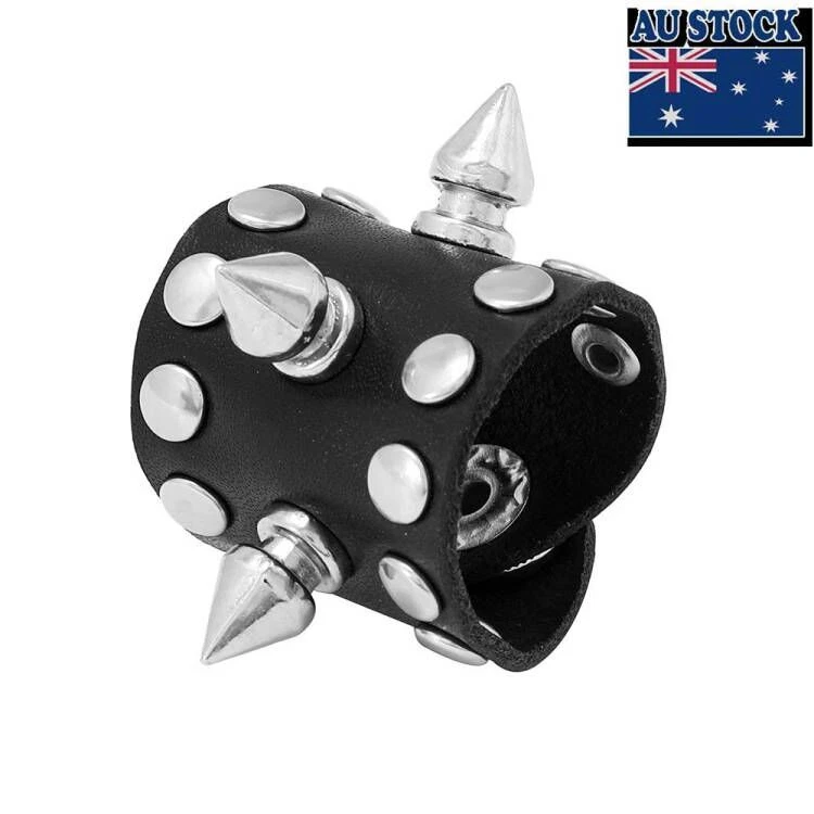 Man Woman Punk Rivet Spike Black Leather Band Ring 3.2cm Wide 9.5cm - Image 1 of 4