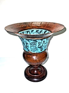 Brass with Turquoise Floral Design Urn-Style Vase Made in India - Picture 1 of 5