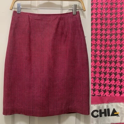 Vtg 90s Suede Skirt Pink Black Houndstooth Leather Sz  8 Lined Chia 1990s - Image 1 of 4