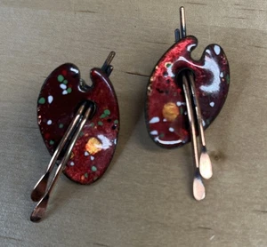 Vintage Matisse Renoir rot Emaille Kupfer Künstler Palette Maler Clip Ohrringe - Bild 1 von 2