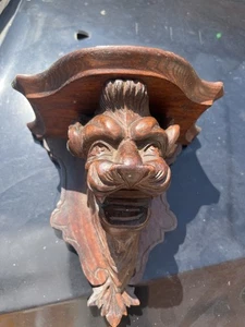 Vintage Solid Wood Carved Satyr Gargoyle Lion Devil Head Wall Shelf - Picture 1 of 15