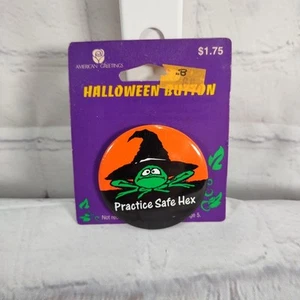VTG American Greetings 2" Button Pin PRACTICE SAFE HEX Halloween Frog Witch NOS - Picture 1 of 3