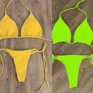 Women's Green/Yellow Side Tie Brazilian Swimwear Sexy Thong Bikini Set - Picture 1 of 16