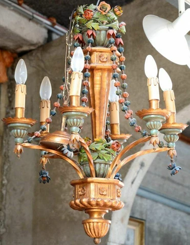 Unusual 1960 stunning Italian Wood / metal polychrome flowers chandelier Cover
