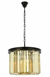 Matte Black with Golden Teak Crystal Pendant Chandelier 6 Light Fixture 20 inch - Picture 1 of 9