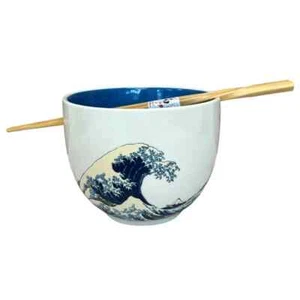 Great Wave Design ceramic Rice Bowl & Chop Sticks 5" - Picture 1 of 2