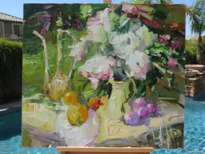 IMPRESSIONISM OIL CANVAS LATE BREAKFAST ORIGINAL PAINTING RUSSIAN ART SIGNED XL - Picture 1 of 12