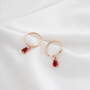 925 Silver Ruby Hoop Earrings, Red Ruby Dangle Drop Earrings, Huggies Hoops Her - Picture 1 of 5