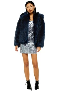 Chaqueta Topshop Mujer Talla 4 Azul Teal Negro Pila Piel Sintética Crop Foto 1 de 4