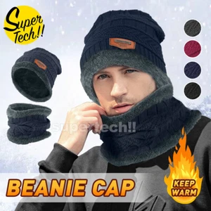 Winter Knitted Hat Men Fur Women Neck Warm Chunky Beanie Fleece Ski Cap AU - Picture 1 of 14