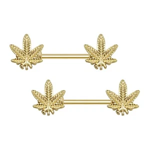 Pierce2GO 14G Piercing anelli capezzolo foglia di marijuana oro donna - Foto 1 di 5