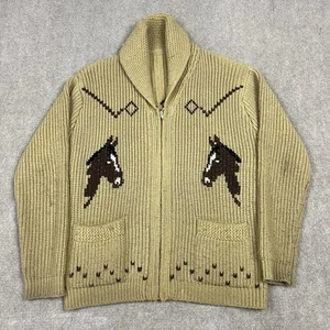 Vintage 60s Shawl Collar Cowichan Knit Sweater Cardigan Men Medium Horse Western - Bild 1 von 7
