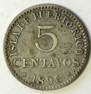 PUERTO RICO 1896 PGV .835 SILVER 5 CENTAVOS KM-20 VF/XF - Picture 1 of 2